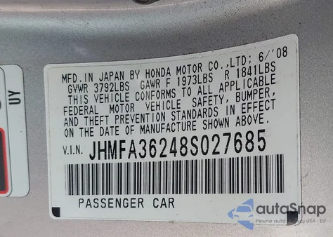 2008 Honda Civic Hybrid из США, поврежденный, VIN JHMFA36248S027685